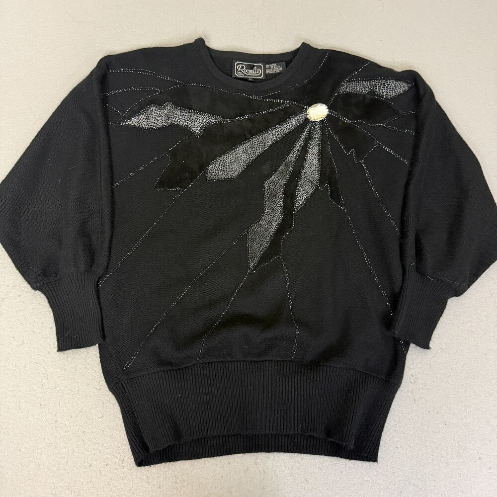 Vintage Rochelle California Black Acrylic Leather Applique Sweater L Batwing